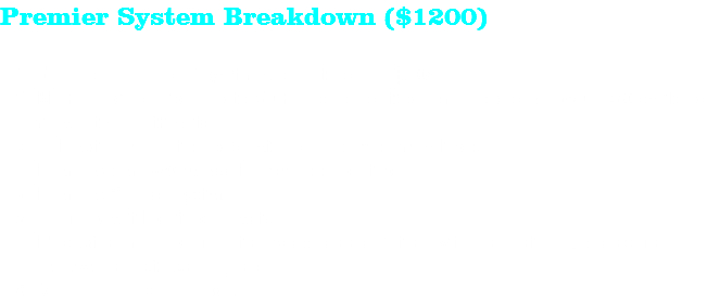 Premier System Breakdown ($1200) 5 hours of Music (overtime our standard $30/half hr) No mileage charge up to 50 miles round trip from zip code 15601 (50 cents per mile after allotment) In Depth finalization packet and In person meetings Premier semi-Wireless Dancefloor lighting Premier Sound system 2 Intelligent Lighting effects Reception management service (coordination with your other vendors to relieve your stress day of) Many addons available